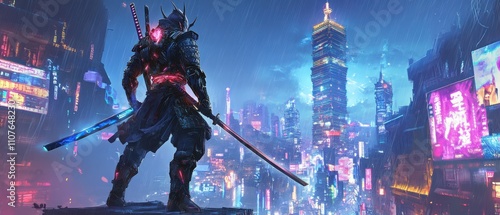 Futuristic Samurai on Towering Building in Neon Lit Cyberpunk City photo