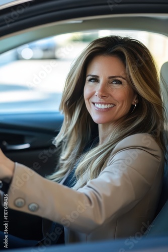 Confident Businesswoman Driving Modern Car, Radiating Success and Happiness photo