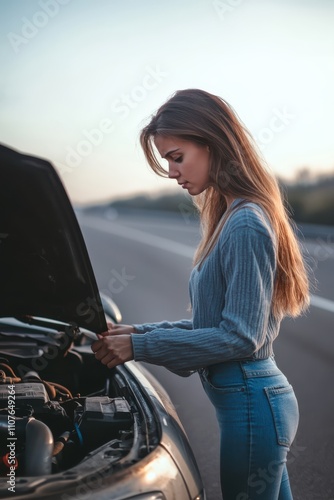 Woman Inspecting Car Engine by Highway for Roadside Assistance photo