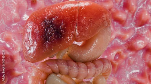 Digestive Organ Liver Cancer, Hepatitis cirrhosis malignant tumor, Hepatic failure, growing cells, duplicating, Fibrosis, Cirrhosis, Hepatocellular carcinoma, Virus infected liver, Human, 3d render