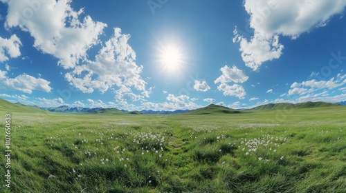 Long green valley, flawless clear sky and clouds, landscape photo photo