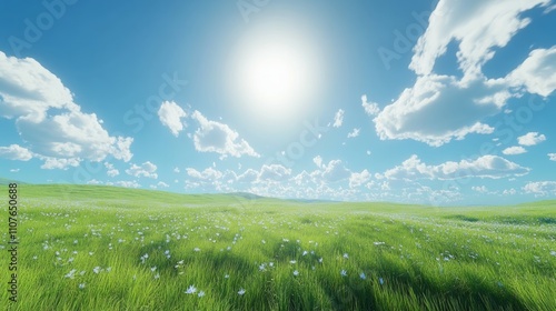 Long green valley, flawless clear sky and clouds, landscape photo photo