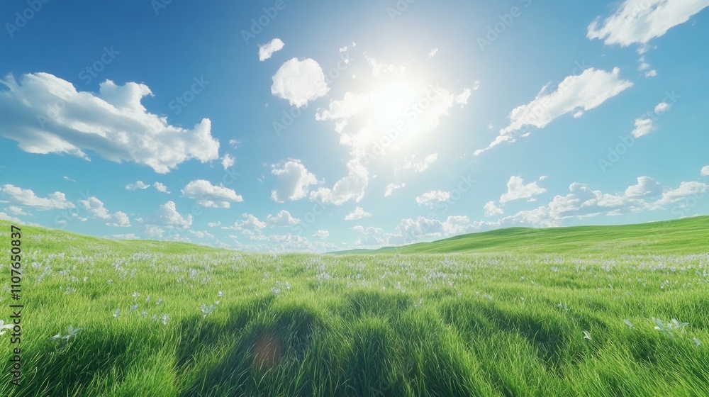Obraz premium Long green valley, flawless clear sky and clouds, landscape photo