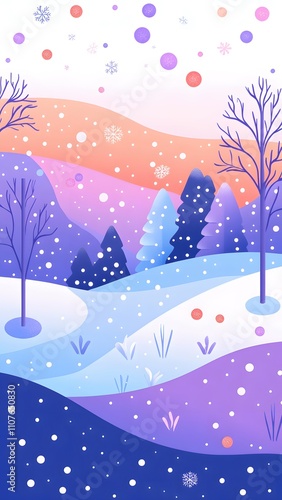 Illustrations of winter landscapes with trees and snow