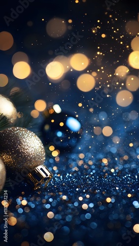 Dark blue background with golden starlight and Christmas decorations