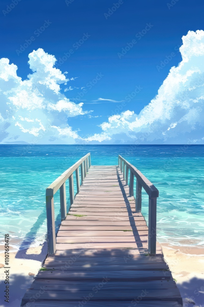 Fototapeta premium Wooden Bridge Over Calm Ocean with Clear Sky Backdrop