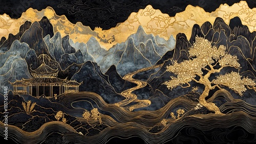 Traditional Chinese landscape painting with black gold theme