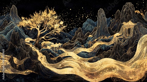 Traditional Chinese landscape painting with black gold theme