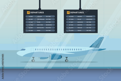 Empty departure hall terminal in airport. Flight information board concept. Vector stock