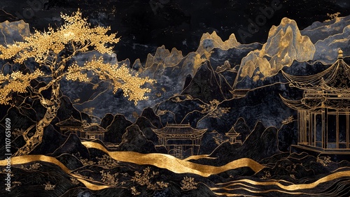 Traditional Chinese landscape painting with black gold theme