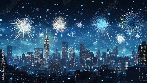 Illustrated background for city fireworks at night