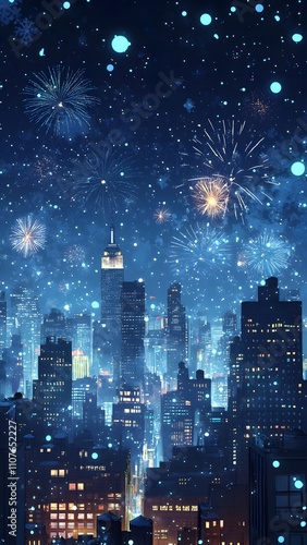 Illustrated background for city fireworks at night