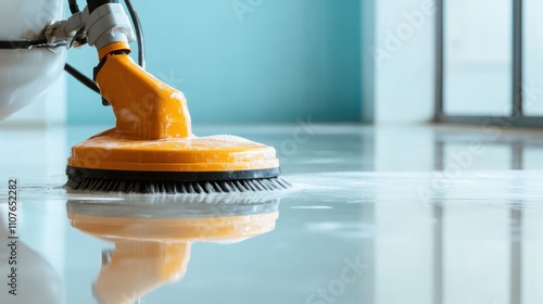 A bright orange industrial floor buffer is seen actively working on a smooth surface, highlighting the robust operation and effectiveness in maintaining cleanliness. photo