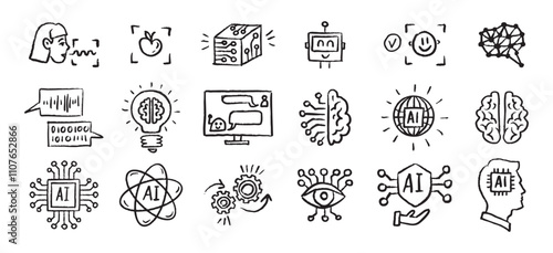 Artificial Intelligence Icons grunge chalk hand drawn doodle Brush set. Outline AI drawing crayon 