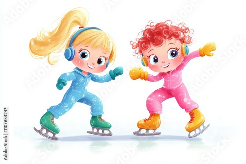 Cute, happy cartoon illustration of two young girls ice skating in colorful figure skates and headsets photo