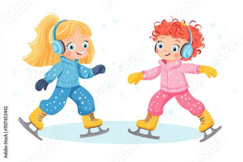 Cute, happy cartoon illustration of two young girls ice skating in colorful figure skates and headsets photo