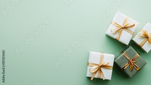 Christmas gift box with ribbon green background