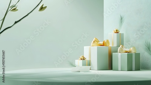 Christmas gift box with ribbon green background
