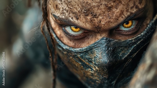 Captivating close-up of a mask-wearing individual with steely eyes in a gritty atmosphere, invoking themes of resilience and determination in a timeless setting. photo