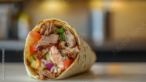 a freshly made, mouthwatering shawarma wrap filled with tender, seasoned meat, vegetables, and sauces photo