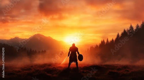 A lone warrior silhouetted against a stunning sunset, standing with shield and sword amidst a fiery, glowing horizon, evoking themes of courage and valor. photo