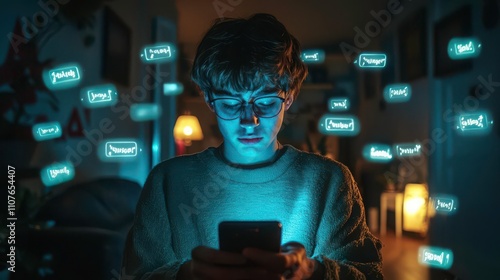 A teenager in a dimly lit room, face illuminated by a phone, surrounded by holographic notifications of hurtful messages, showcasing isolation and cyberbullying