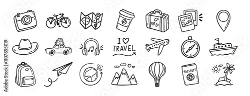 travel doodle hand drawn icon set. Outline drawing travel tourism line clipart symbols