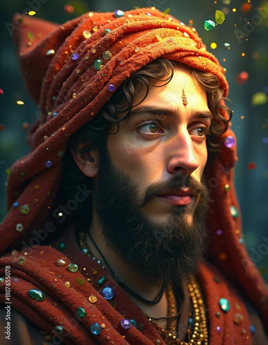 an eleventh century Sufi with very smooth facial features, mystic, red yellow green purple orange blue colors, lights and rays, colorful agate stones, falling green leaves, three-dimensional vivid