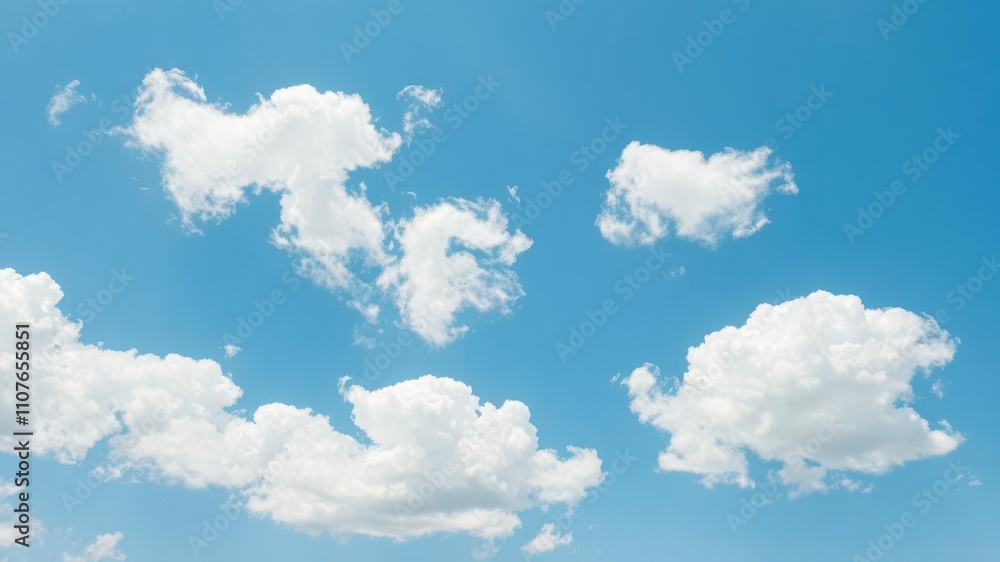 Fototapeta premium Fluffy white clouds drifting against a bright blue sky, tranquil