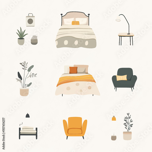 Cozy Bedroom Interior Elements Pack Cozy Home Interiors ,Winter seasson, Happy New Year, Happy christmass