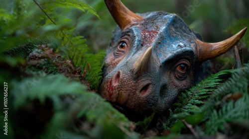 A poignant scene of a wounded dinosaur lying on the forest ground, surrounded by dense foliage, capturing a moment of vulnerability in nature's cycle. photo