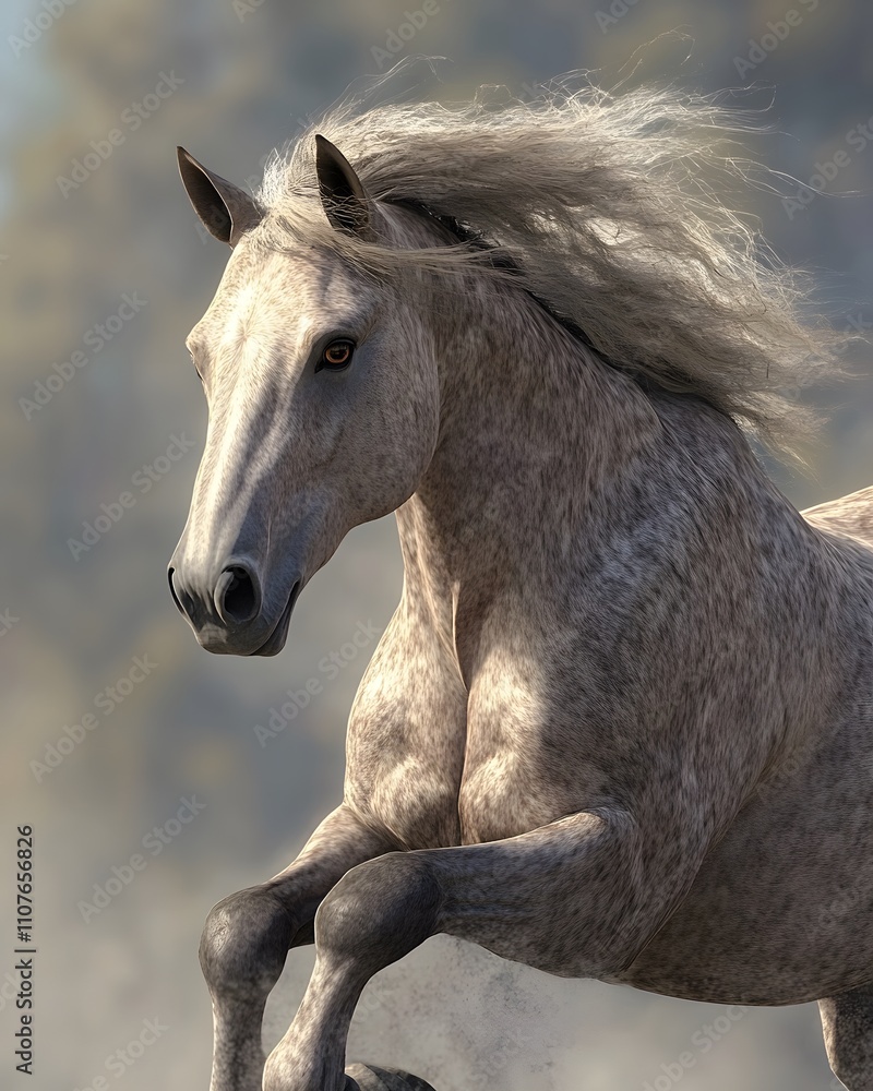 Fototapeta premium A majestic horse with a flowing mane, captured in mid-leap against a blurred background.