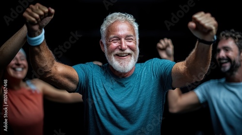 An elderly man is joyfully celebrating success with a group of people, depicting happiness, achievement, and camaraderie in a spirited and positive atmosphere. photo