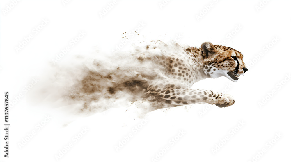 Obraz premium motion concept shown on artistic grahic with fast moving, mid-joumping cheetah partly blurred isolated over white background