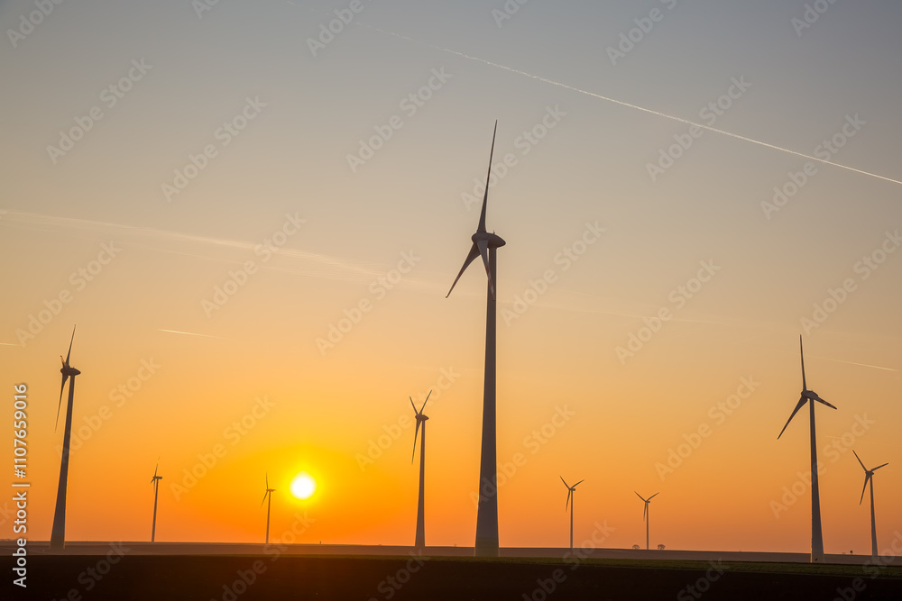 Obraz premium Sunrise Over Countryside Wind Turbines Generating Renewable Electricity