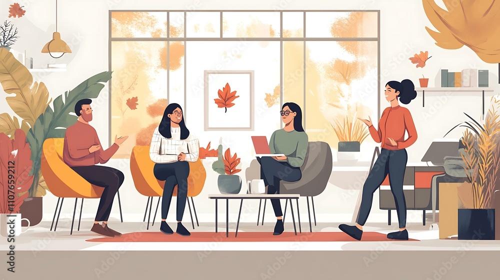Fototapeta premium A confident woman hosting a team discussion in a contemporary office with festive fall elements