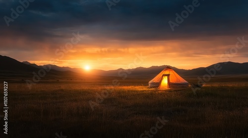 This image shows a single tent illuminated from within, sitting in solitude among expansive rolling hills under a vibrant sunset sky, signifying escape and adventure. photo