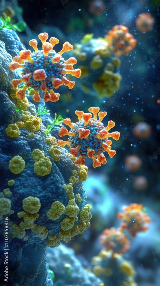 Fototapeta premium Bacteria observed under a microscope with glowing rod-shaped cells, ideal for scientific illustrations, microbiology textbooks, and biology education.