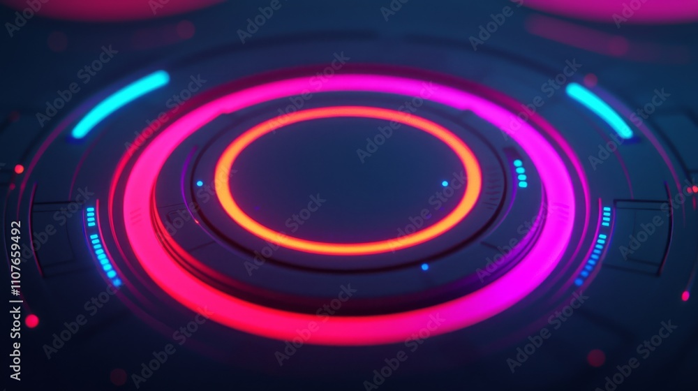 Obraz premium A vibrant, abstract design featuring concentric circles with glowing neon colors, creating a futuristic, tech-inspired aesthetic.