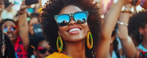 Young woman enjoying live music at summer festival photo