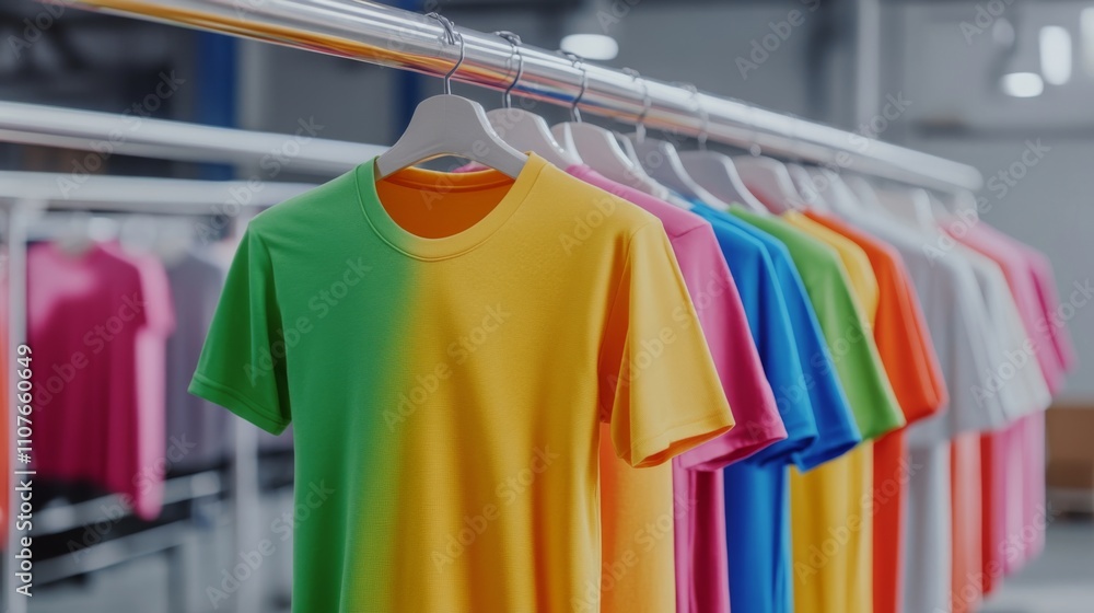 Obraz premium Colorful t-shirts displayed on hangers in a retail store showcasing vibrant fashion choices for customers