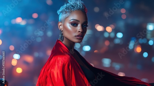 An assertive woman with short, styled silver hair gazes intently at the camera, draped in a silky red fabric, illuminated by vibrant city lights. photo