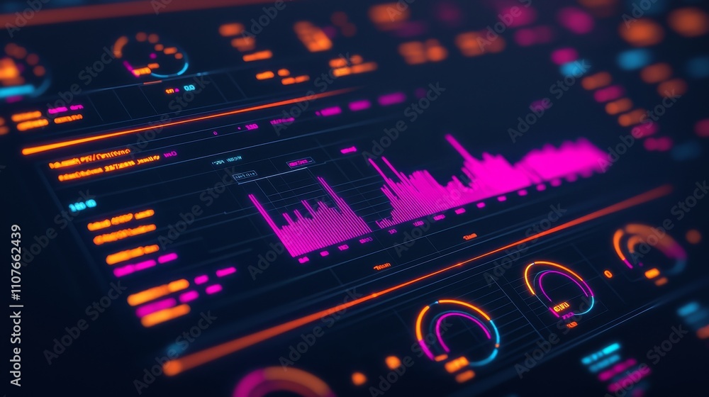 Obraz premium A vibrant digital interface showcasing colorful audio waveforms and controls, representing advanced technology in sound visualization.