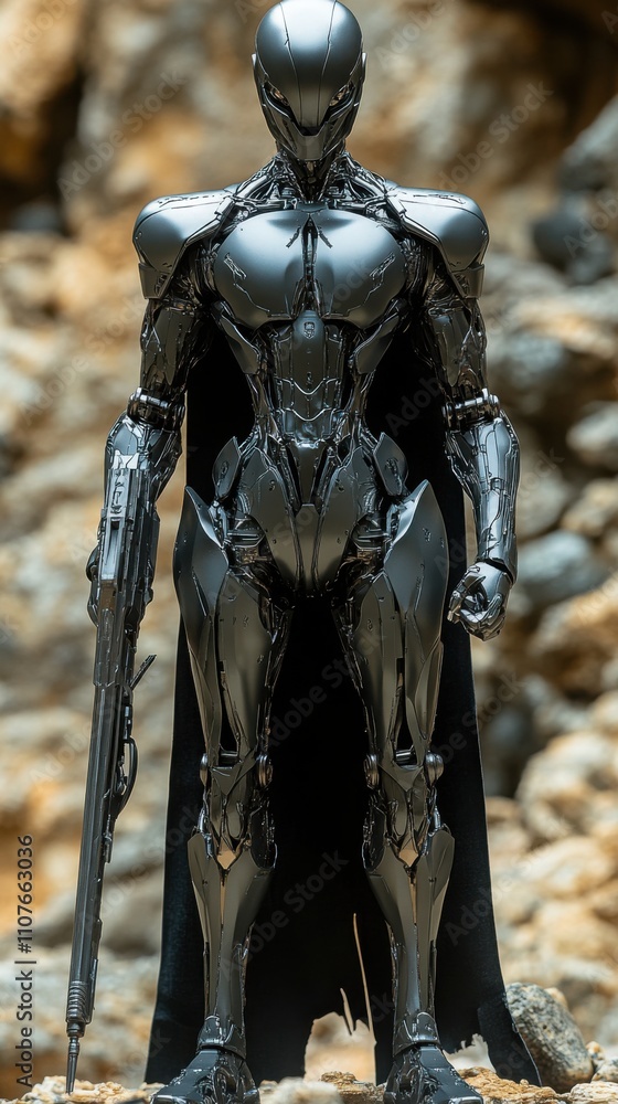 Fototapeta premium Futuristic humanoid robot with sleek metallic armor standing in a rugged desert landscape, ideal for science fiction posters, gaming visuals, and futuristic storytelling