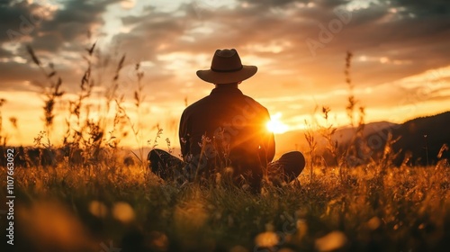 A figure meditatively sits in a vast field at sunset, donned in a hat, encapsulating serenity and contemplation amid nature's warm glow and evening tranquility. photo