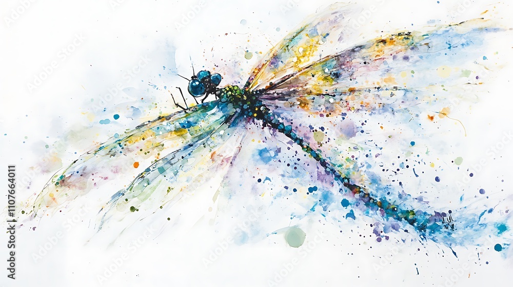 Obraz premium Watercolor painting of a vibrant dragonfly in flight.