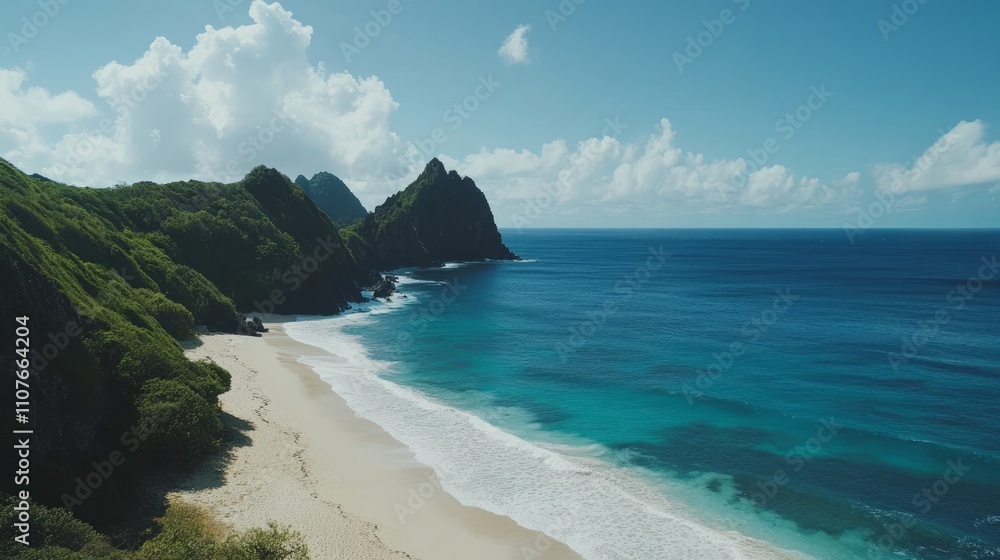 Fototapeta premium Secluded tropical beach with lush green cliffs and turquoise ocean under a bright sunny sky.
