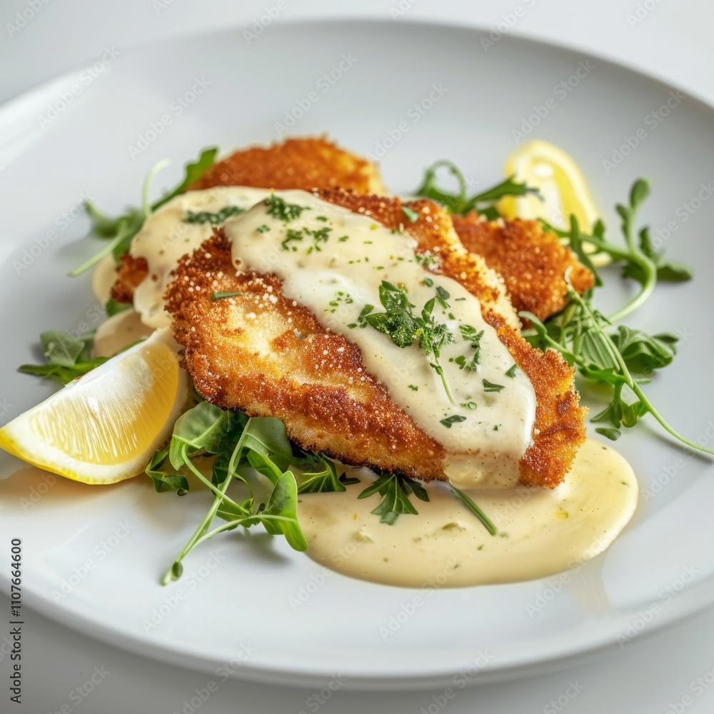 White Fish Fillet, Breaded Pike Perch, Zander Fillet with Cream Sauce Closeup, Restaurant Main Course White Fish Fillet, Breaded Pike Perch, Zander Fillet with Cream Sauce Closeup, Restaurant Main Course