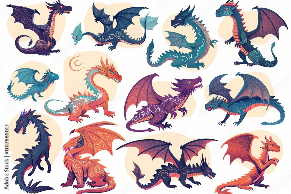 Obraz premium Funny dragons doodle set, cartoon dino, graphic dinosaurs isolated, monster animals