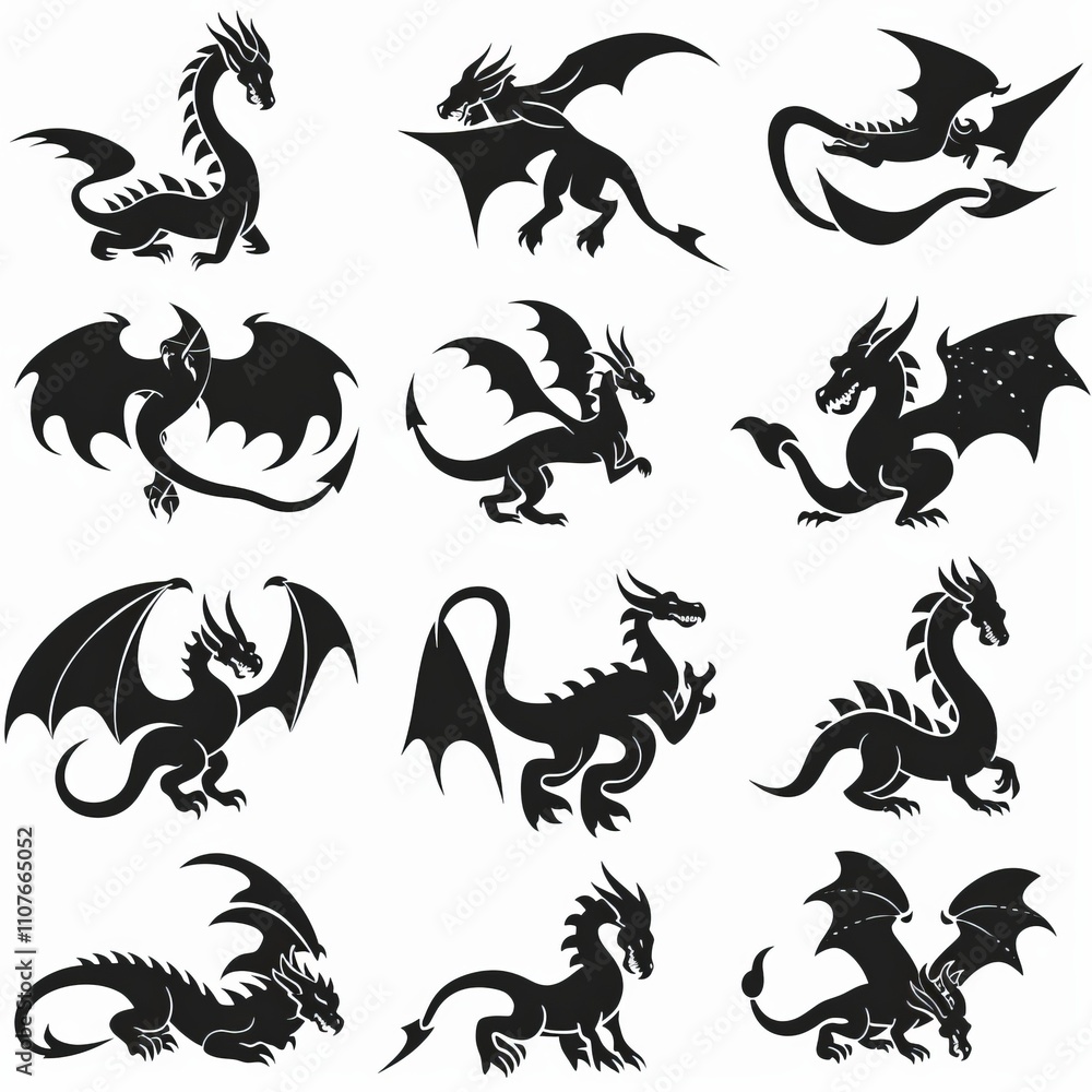 Fototapeta premium Dragons icon silhouette, dino, wyvern symbols, dinosaurs isolated, mythical monster, minimal flat tattoo